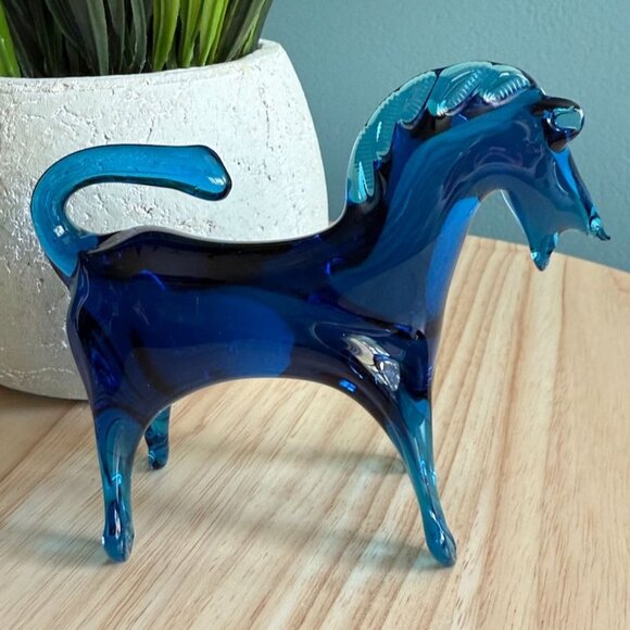 Vintage MCM Rainbow Art Glass Cobalt Blue Hand Blown Horse Figurine 1950's - Picture 5 of 10